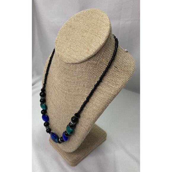 Vintage Lampwork Glass Beaded Necklace Blue Black 20” - 22” Adj. - Picture 5 of 7